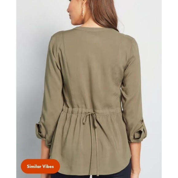 ModCloth Trusty Travel Tie Waist Button Up Top Shirt Olive Green Size XXS - Picture 2 of 12